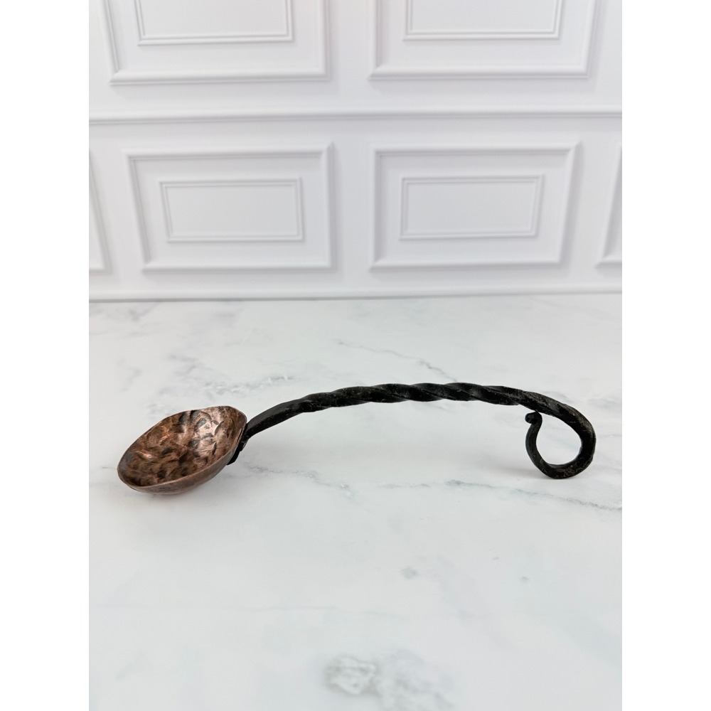 Antique Hand Forged Hammered Copper Coffee Spoon Twisted Iron Handle 8"